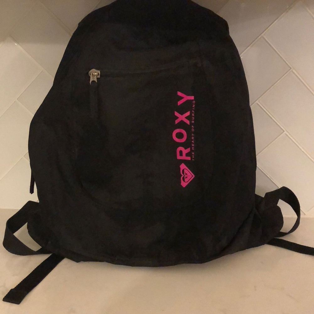 Roxy, black backpack, pink logo